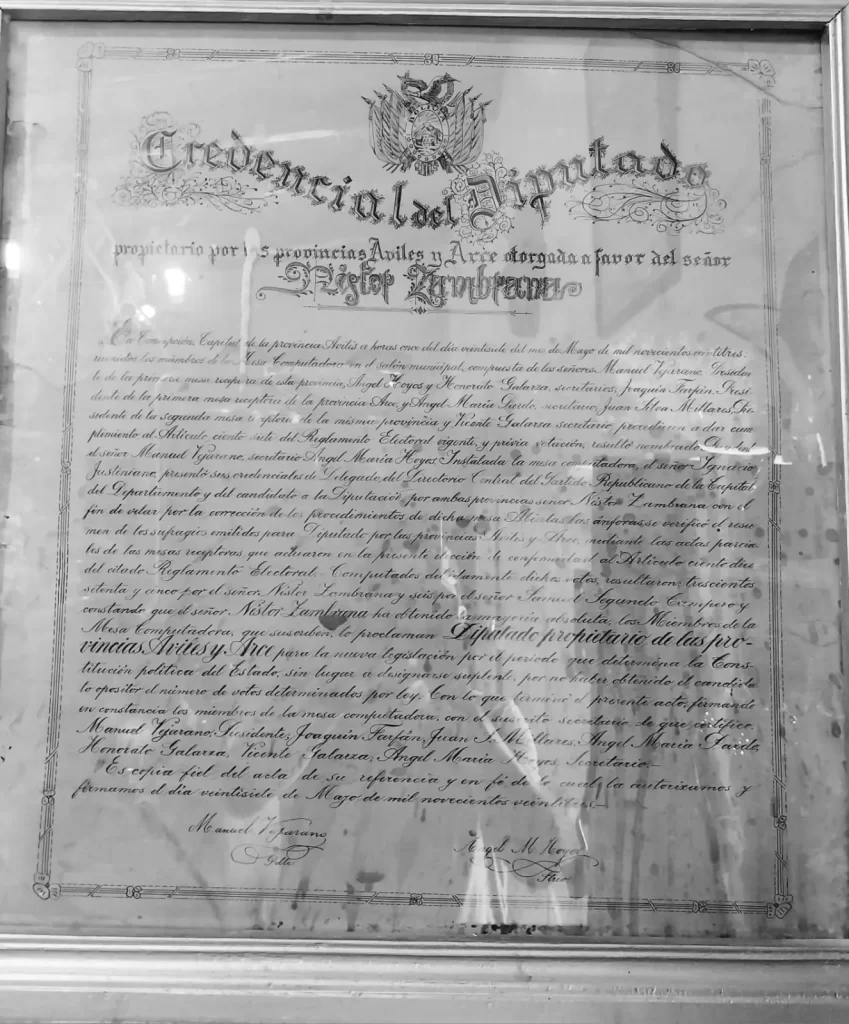 El certificado de primer diputado de Avilés y Arce de Néstor Zambrana