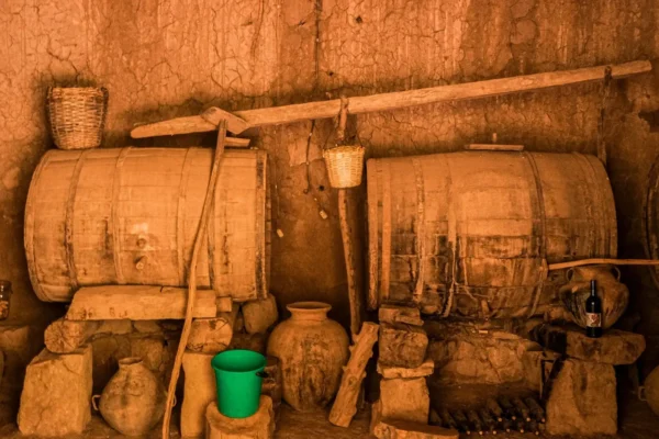 La antigua bodega del viñedo La Caldera se encuentra a pocos pasos de las antiguas y nudosas parras de Negra Criolla que crecen en los árboles de pimienta rosa del Valle de Cinti. Foto de Simón Avilés.